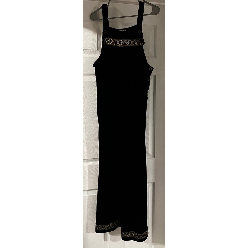 Vintage Coldwater Creek Black Velvet Jumpsuit Gold Lace Trim‎ Wide Leg Sz M